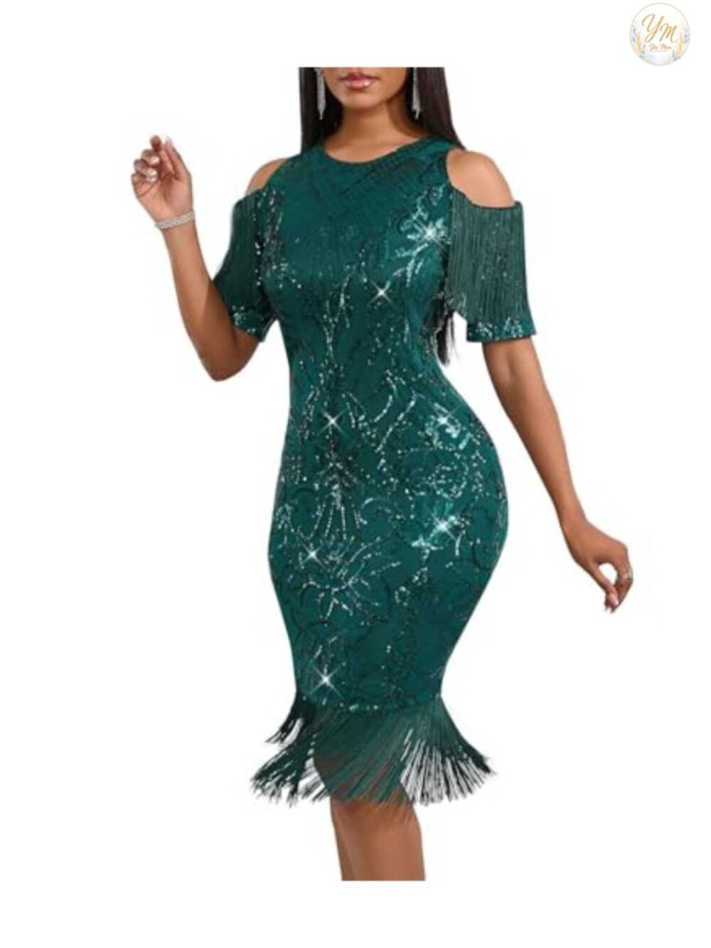 Sequin Long Sleeve Tassel Bodycon Midi Dress Formal Evening Gown